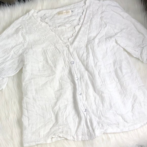 White Leaves Eyelet V Neck Button Tea Blouse M - Picture 2 of 10